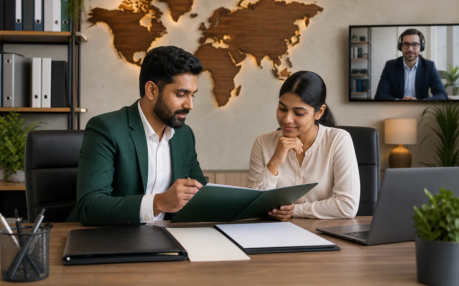 Recruitment adviser guiding a candidate through an overseas employment process